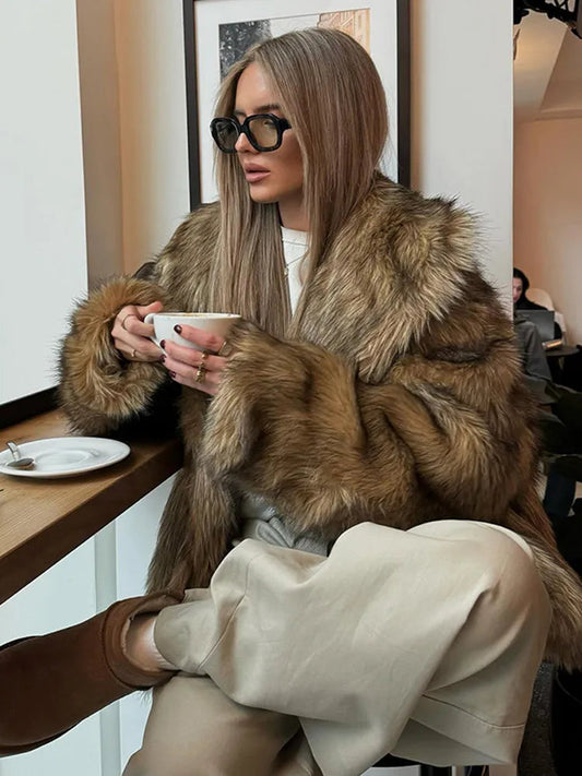 Brown Oversized Plshoph Furry Lapel Coat