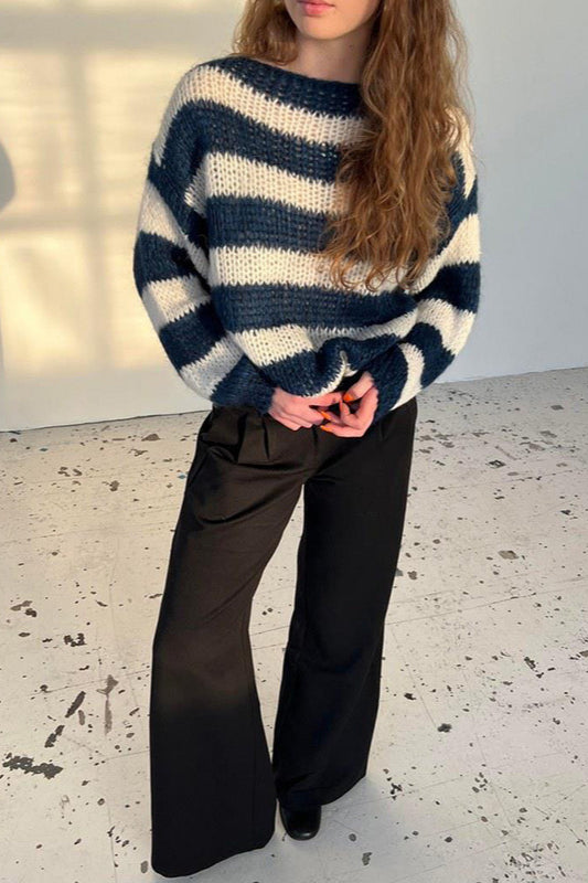 Slouchy Striped Crewneck Loose Long Sleeve Knit Sweater