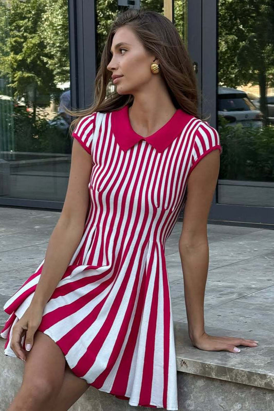 Color Block Vintage Striped Collared Knit A Line Mini Dress