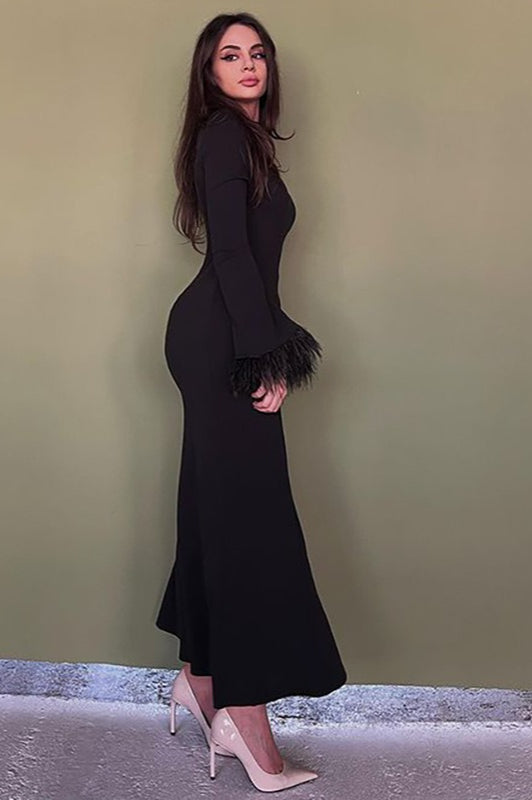 Feather Trim Bodycon Maxi Sweater Dress