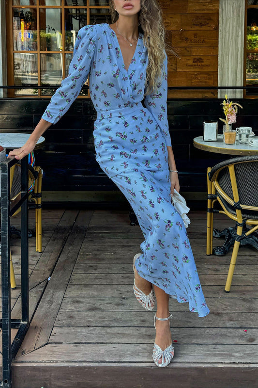 Slim Waist V Neck Elegant Floral Dress