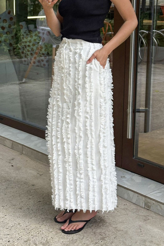 White Jacquard Cotton Linen Maxi Skirt