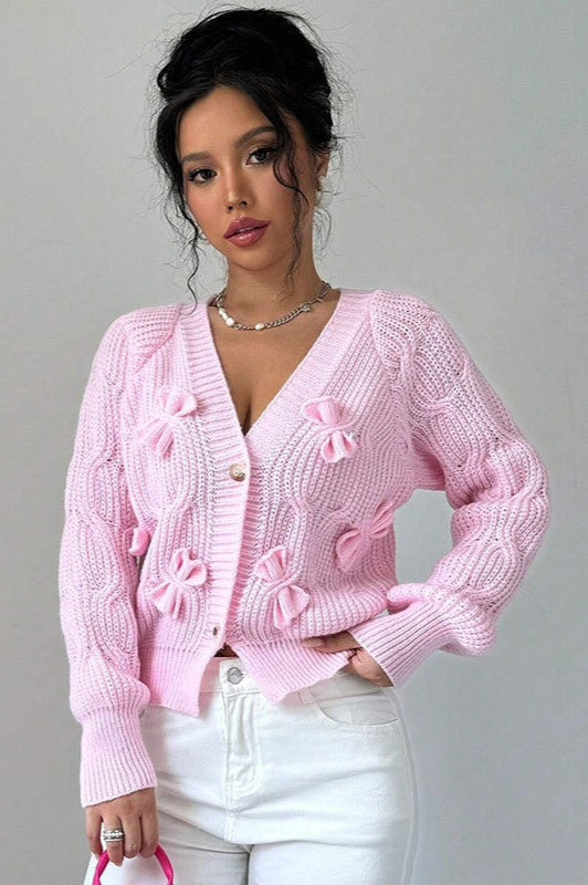 Solid Long-Sleeve Bow-Knot Knit Cardigan