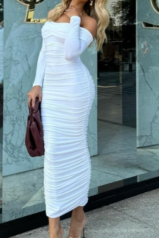 Solid Color Off-Shoulder Ruched Long Sleeve Maxi Dress