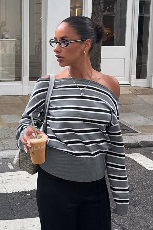 Off Shoulder Striped Color Block Long Sleeve Sweater Bloshope