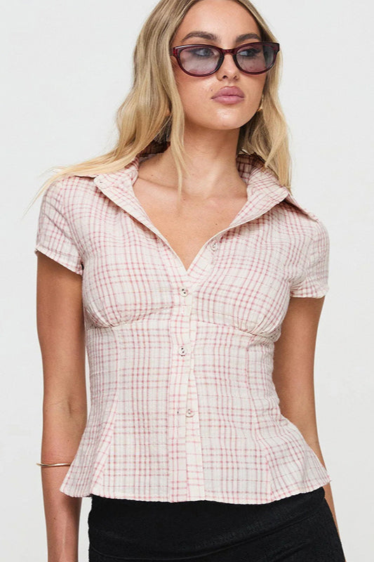 Fitted Waist Plaid V Neck Button Front Short Bloshope