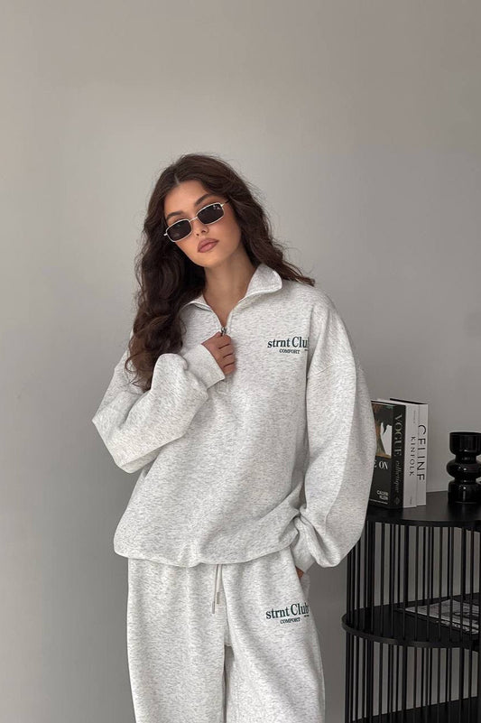 Letter Print Half-Zip Hoodie Loose Straight Pants Two Piece Set