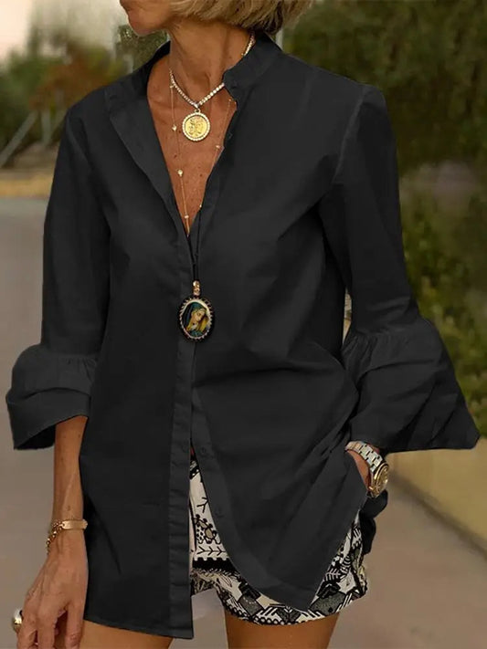 Flare Sleeve Solid Color V Neck Bloshope