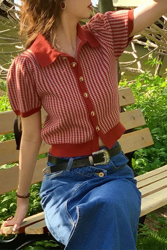 Thin Knit Turn-down Collar Short Sleeve Cardigan