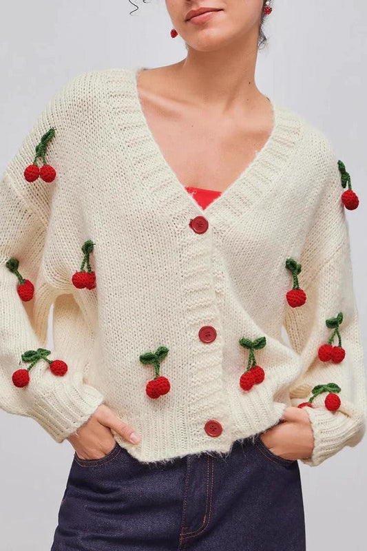 Cherry Embroidered Knit Cardigan Sweater