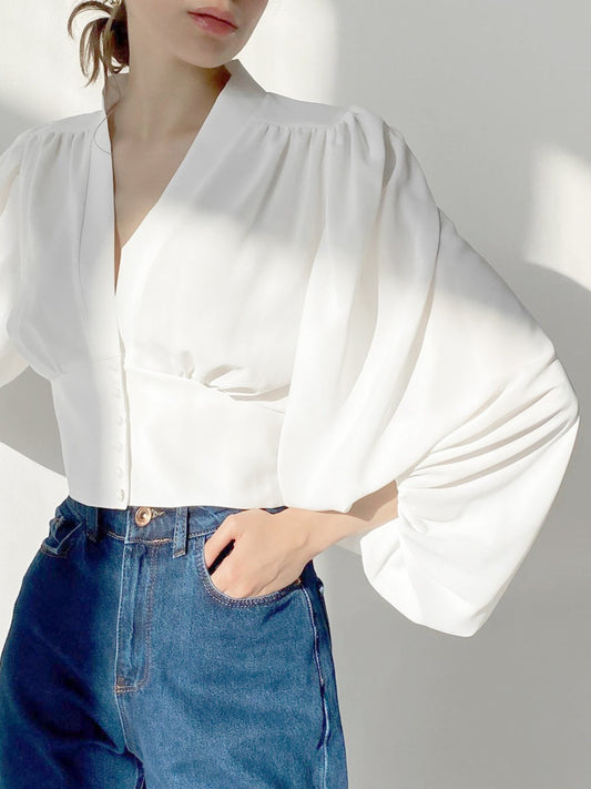 Vintage Lantern Sleeve V-Neck Slim Fit Bloshope