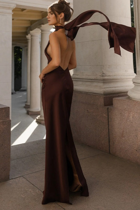 Vintage Solid Satin Backless Maxi Dress