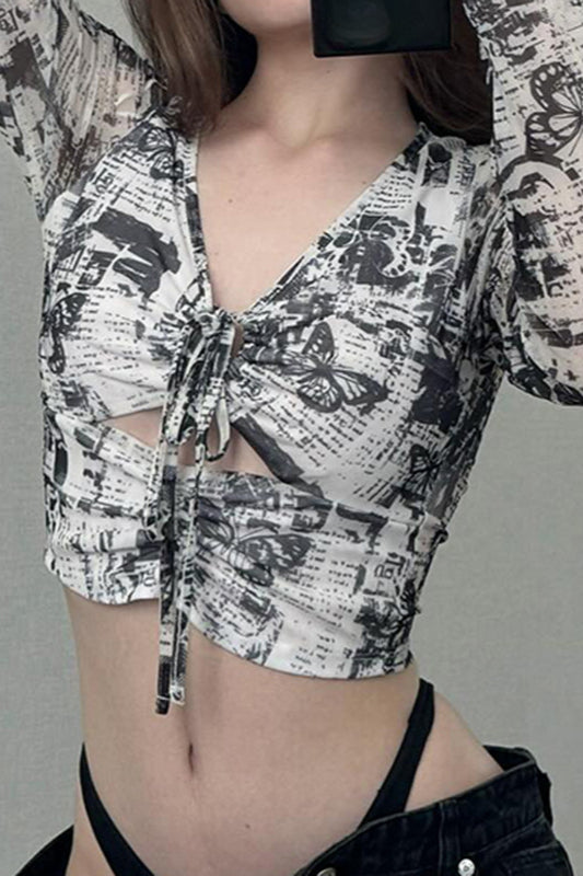 Ruched Ring Tie V-Neck T-Shirt