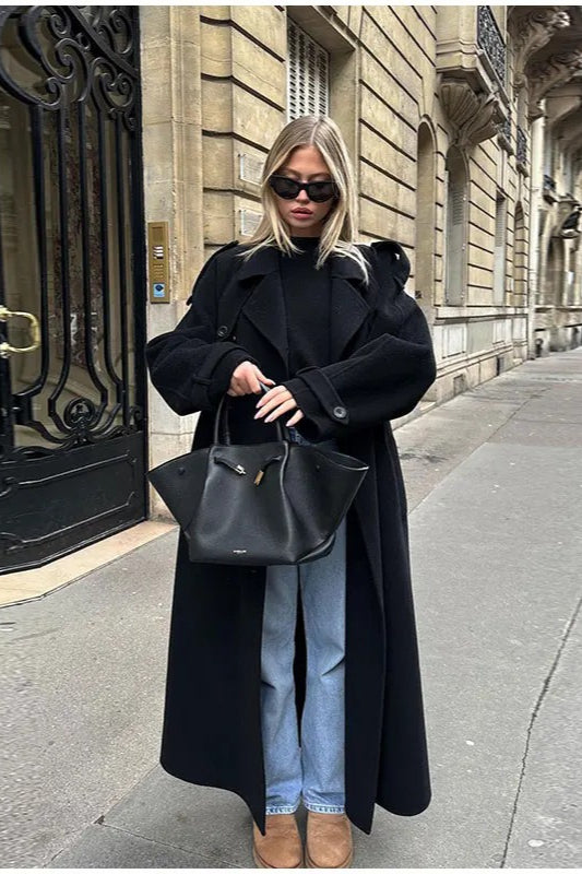 Elegant Turn-Down Collar Double-Breasted Long Overcoat