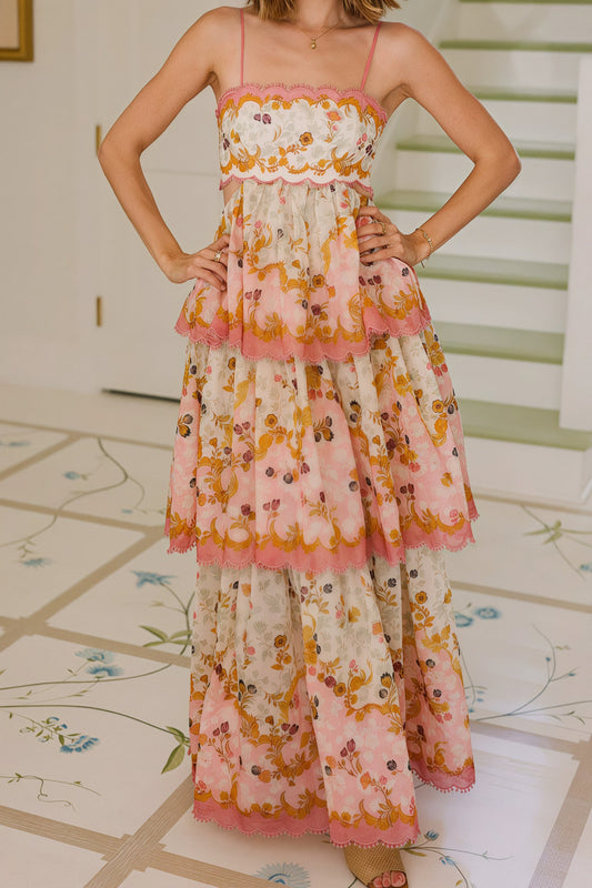 Fashion Tiered Spaghetti Strap Tassel Cutout Waist Embroidered Maxi Dress