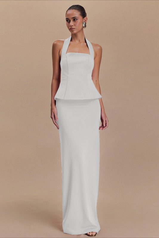 Solid Halter Backless Maxi Formal Dress