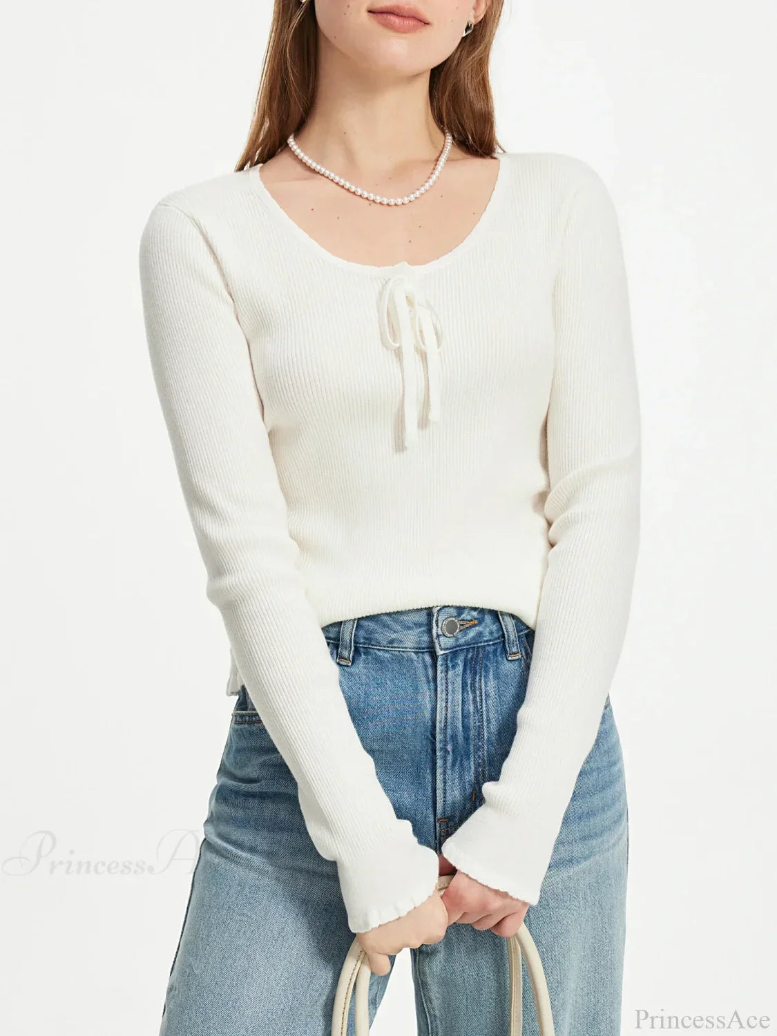 3.9% Wool U - Neck Lace - Up Slim Sweater