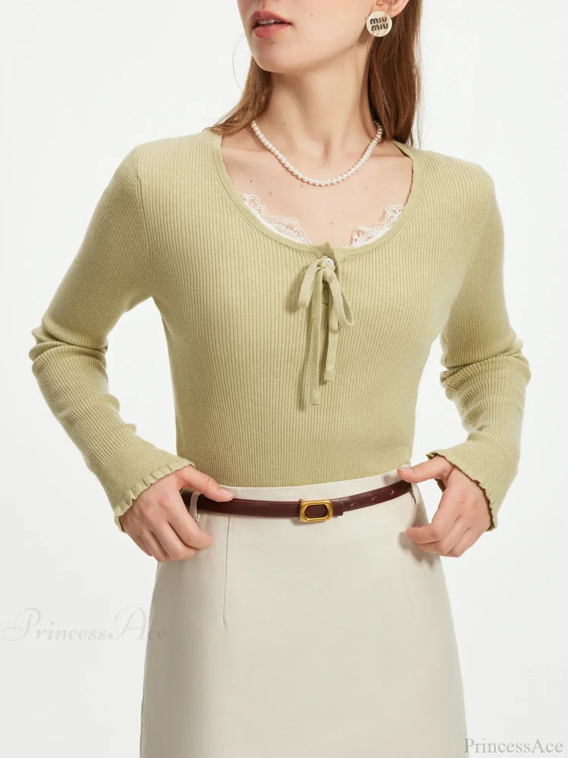 3.9% Wool U - Neck Lace - Up Slim Sweater Green / XS