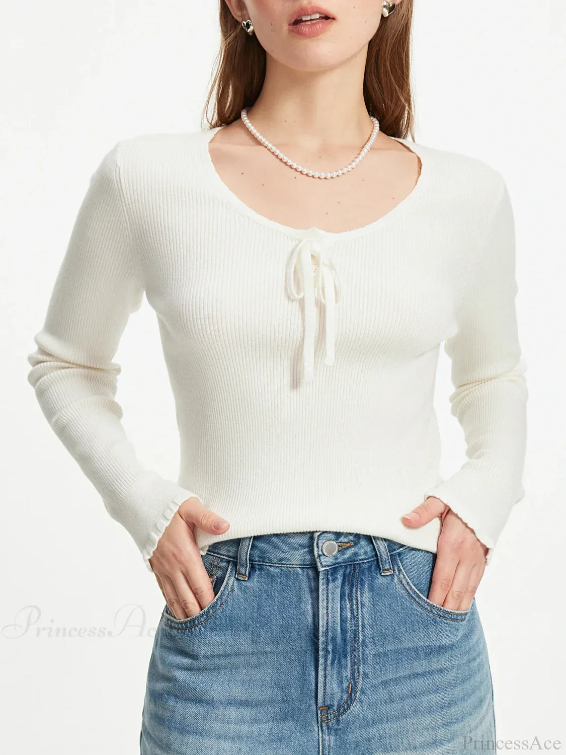 3.9% Wool U - Neck Lace - Up Slim Sweater Ivory / XS