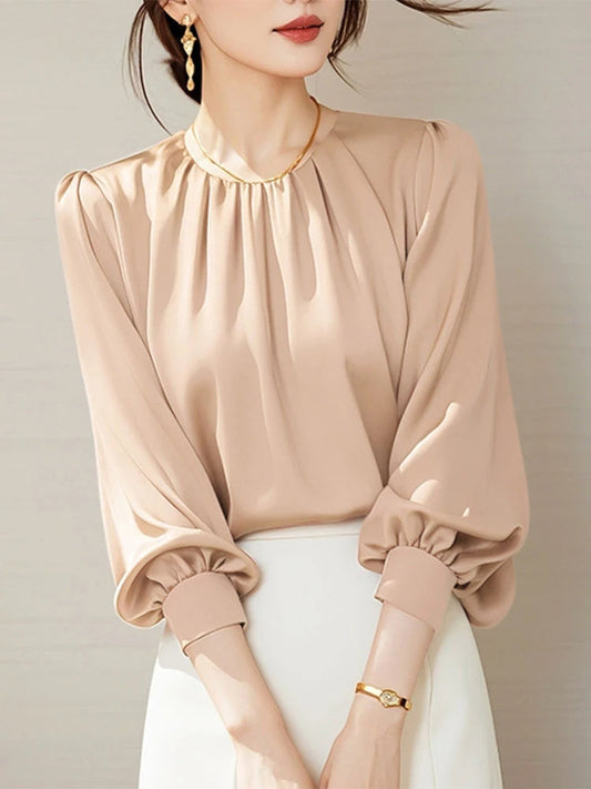 Vintage Satin Pleating Bloshope Casual Office Bloshope