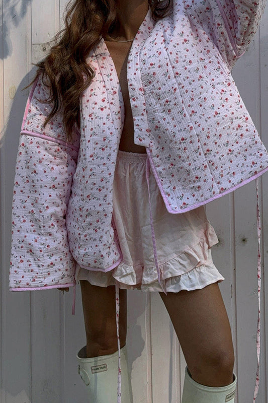 Pink Sweet Floral Tie V-neck Flared Sleeve Coat