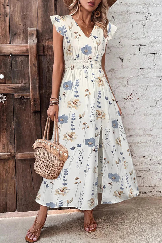 Lace-Trim V-Neck High Waist Slit Floral Maxi Dress