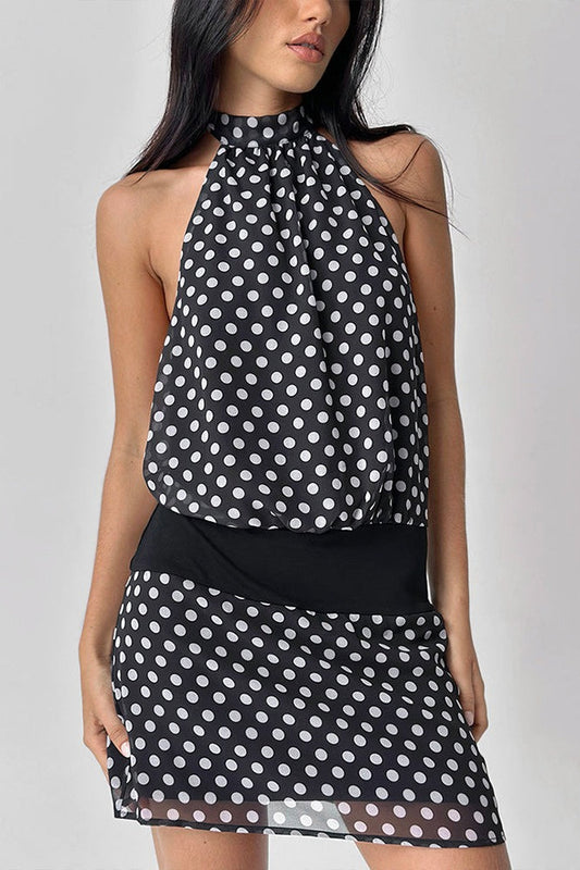 Polka Dot Halter Backless Chiffon Bodycon Mini Dress
