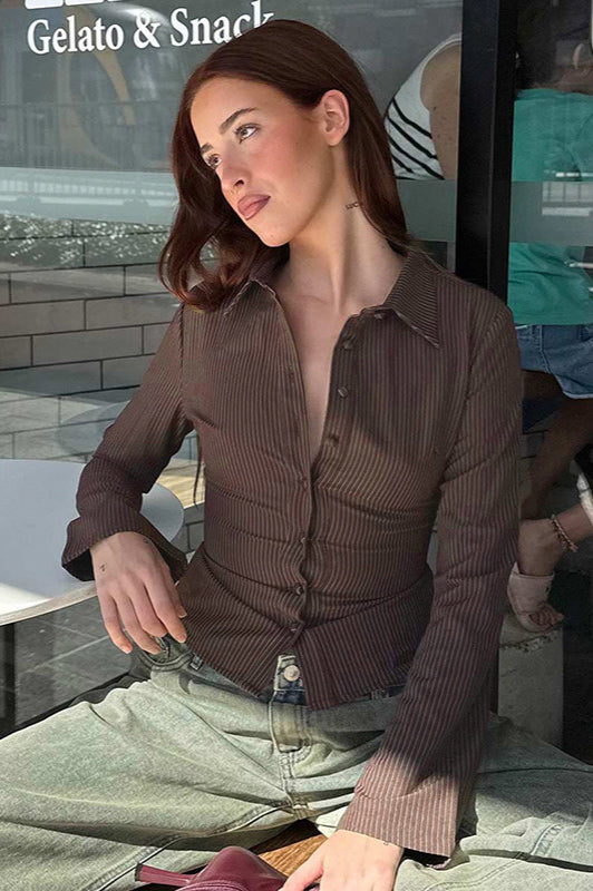 Polo Collar Striped Button Front Fitted Waist Bloshope