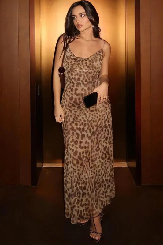 Silky Leopard Swing Ruffle Club Maxi Dress