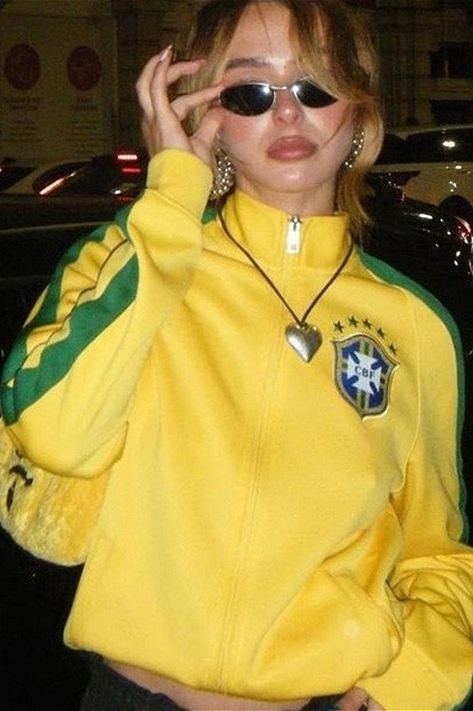 Color Block Embroidered Loose Zip Sweatshirt