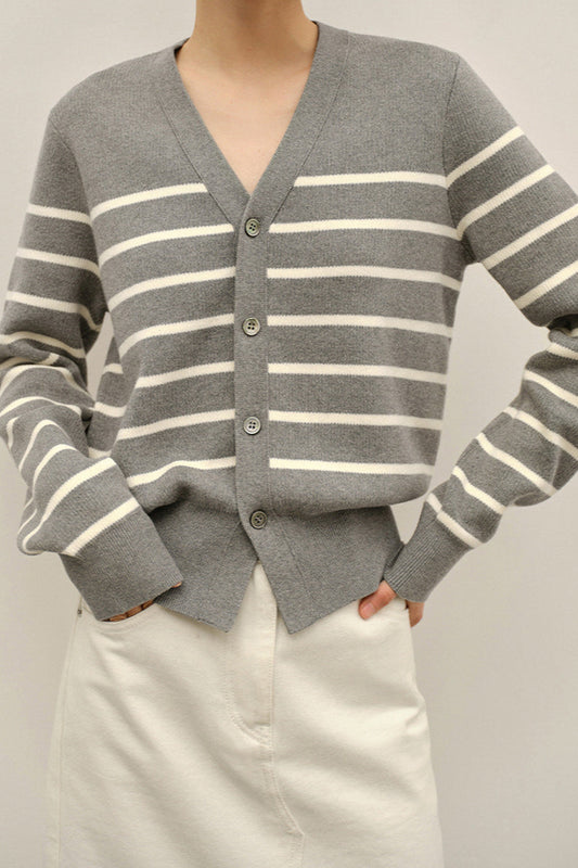 Knit Striped V Neck Colorblock Cardigan
