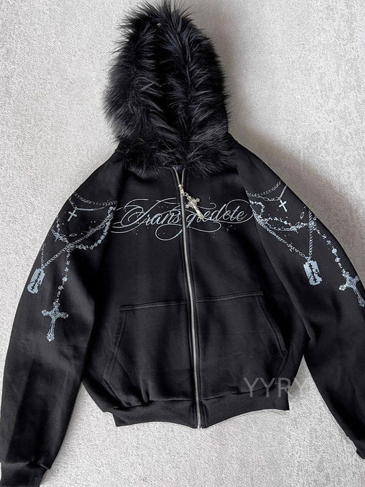 Printed Zipper Detachable Fur Hoodie