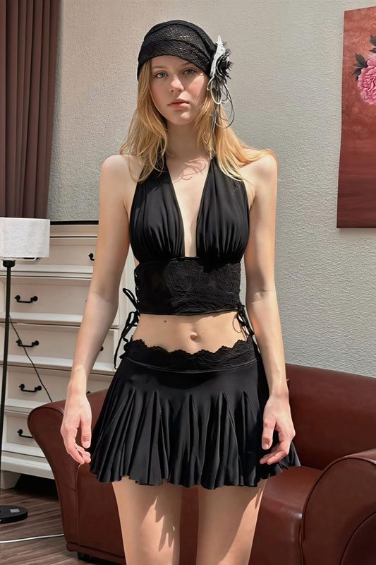 Solid Lace Deep V Slim Halter Skirt Set