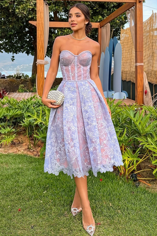 Elegant Lace Strapless Solid Midi Dress