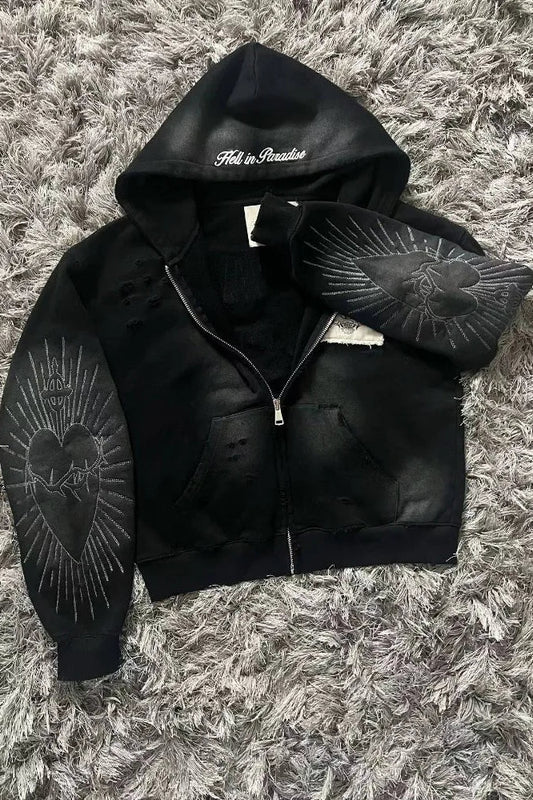 Letter Embroidery Zipper Hoodie