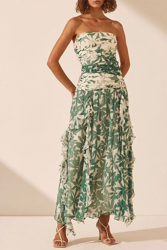 Printed Strapless Chiffon Boho Dress