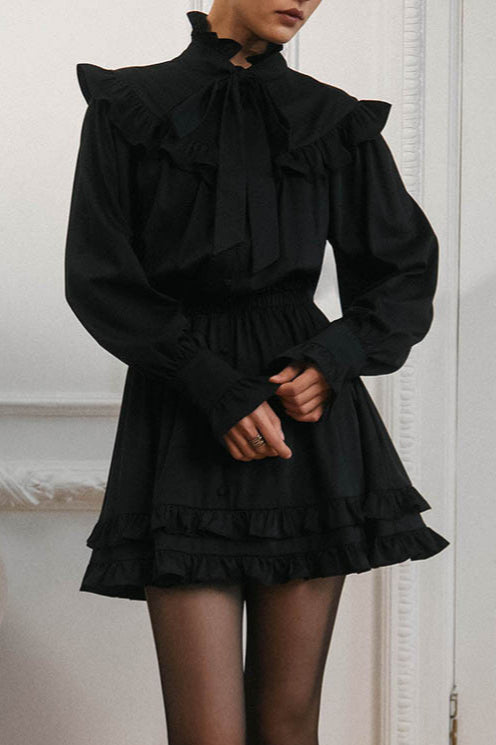 Elegant Bow Tie Lace Up Long Sleeve A Line Mini Dress