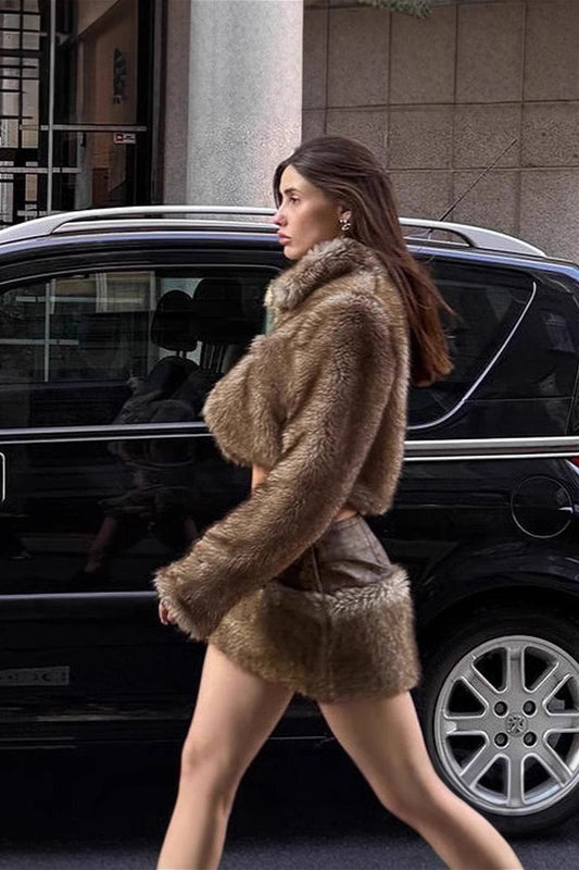 Furry Retro Crop Top Skirt Fox Fur Two Piece Set