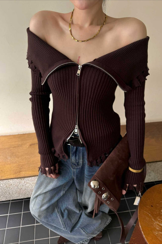 Distressed Knit Roll Collar Fitted Bloshope