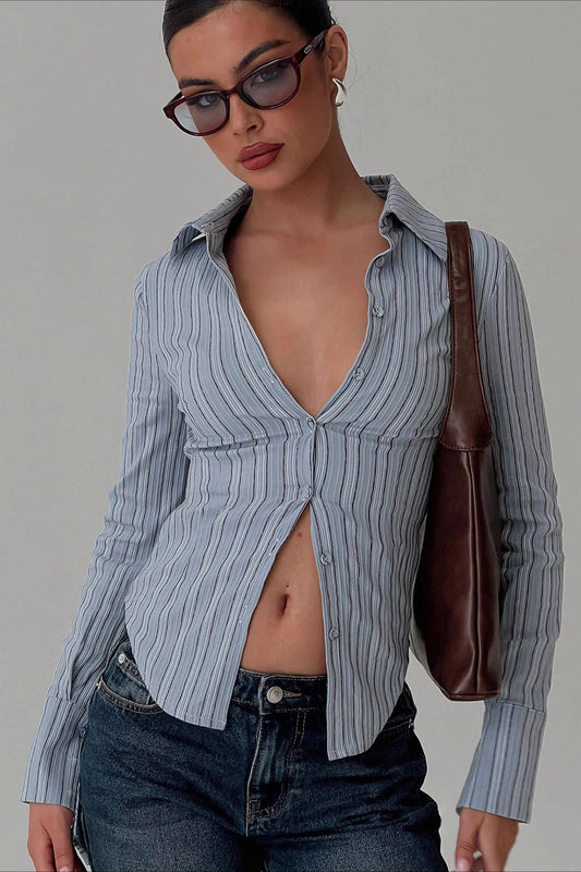 Fitted Striped Collared Buttoned Long Sleeve Bloshope