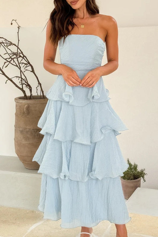 Fashion Strapless Backless Ruffle Tiered Midi Dress