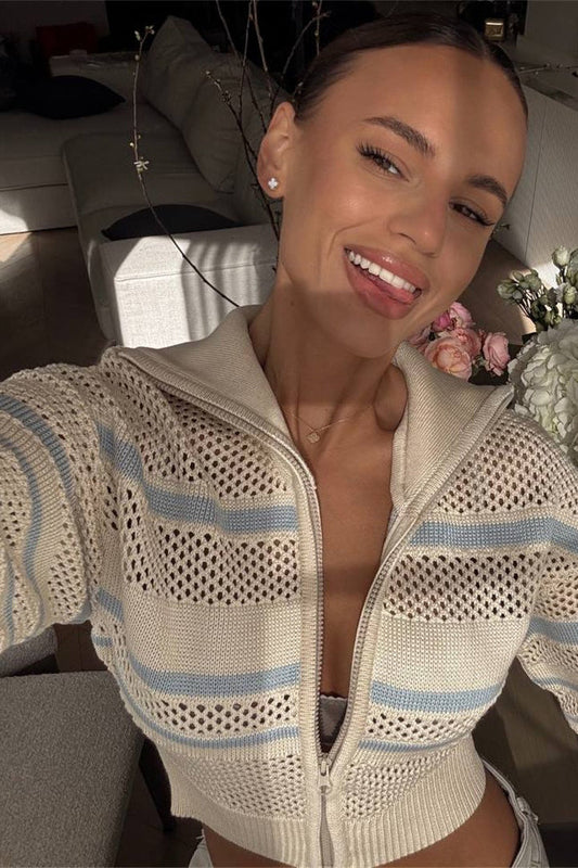 Colorblock Stripe Zip Collar Cutout Longsleeve Hoodie