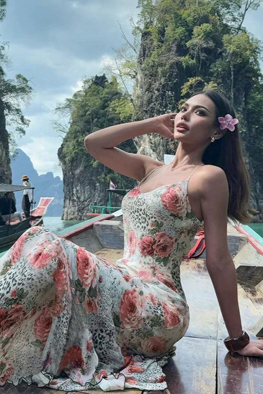 Leopard Floral Backless Bodycon Maxi Dress