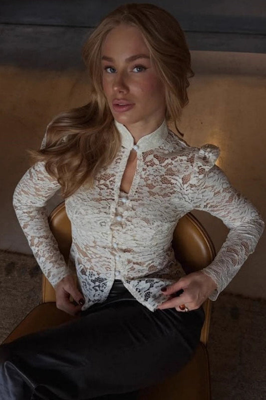 Lace Long-Sleeve Fitted Frog Button Top