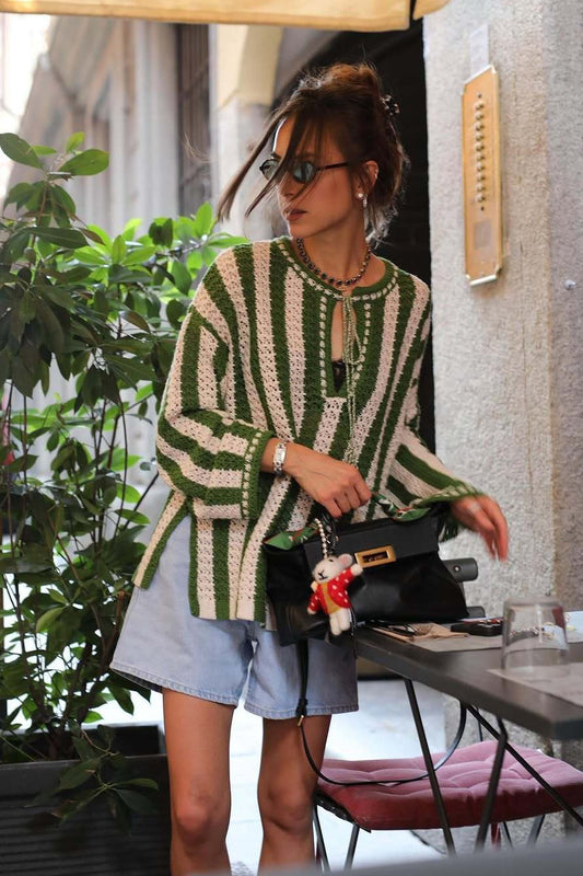 Green White Striped Tie Front Sweater