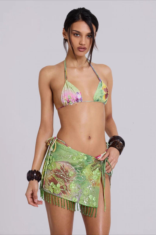 Floral Bead Sequin Three Piece Swim Set