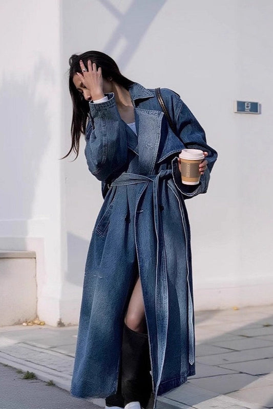 Washed Denim Lazy-Chic Long Overcoat