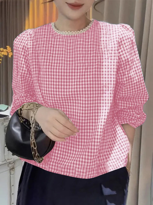 Elegant Lace Trim O Neck Checked Puff Sleeve Smock Bloshope