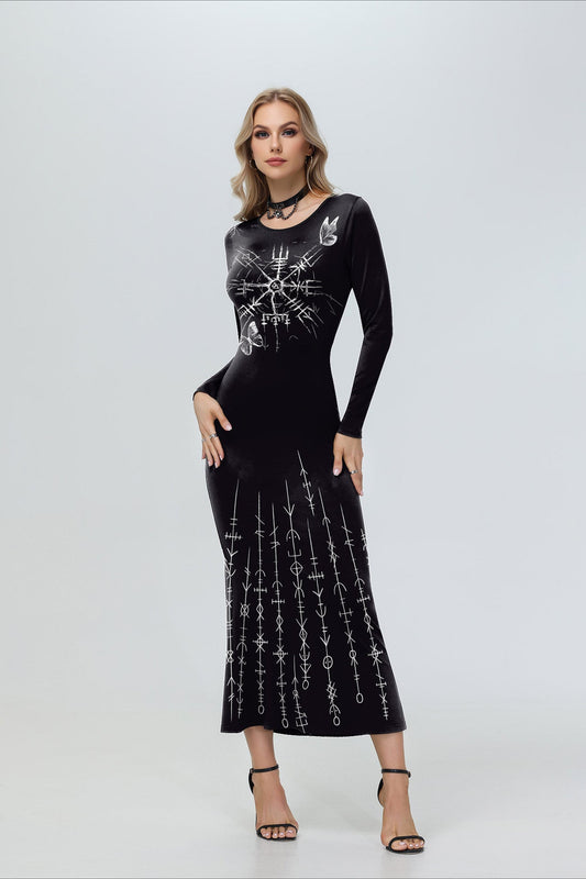 Fashionable Digital Print Long Sleeve Dark Style Maxi Dress