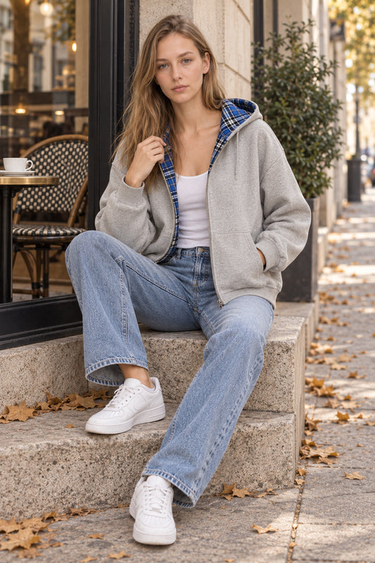 Plaid Patchwork Reversible Zip Hoodie